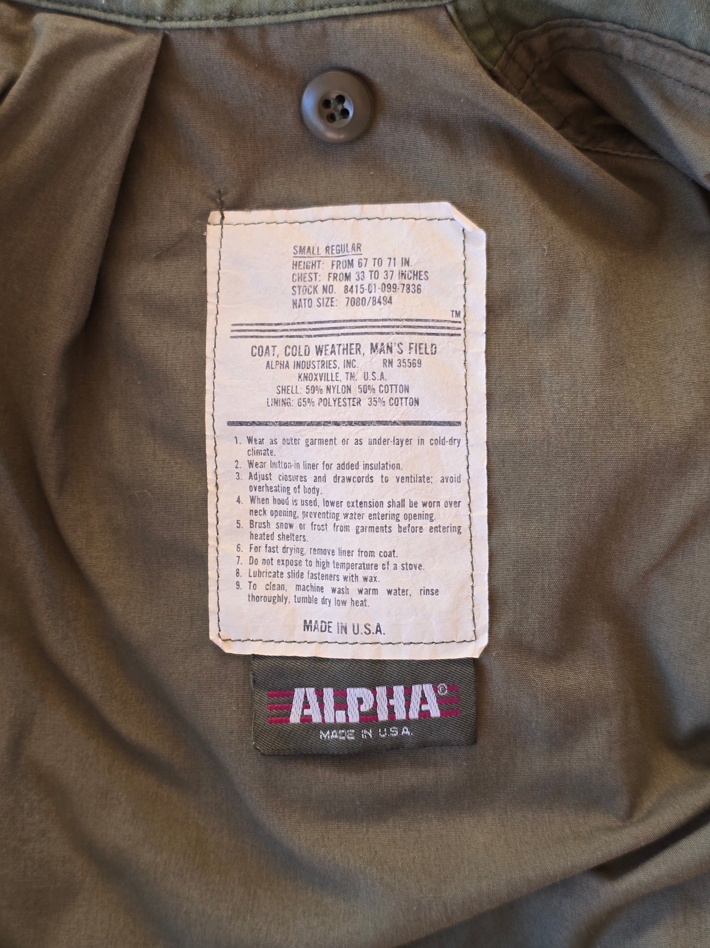 Alpha Industries – M-65 Field Coat – 1982 – Small Regular